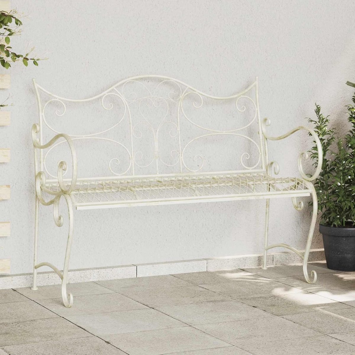 2-Aantal zitplaatsen 114 x 56,5 x 90 cm Staal, Antiek wit, Weerbestendig tuinmeubel, Moderne stalen bank met matte afwerking, Stevige constructie voor buiten, Makkelijk te monteren