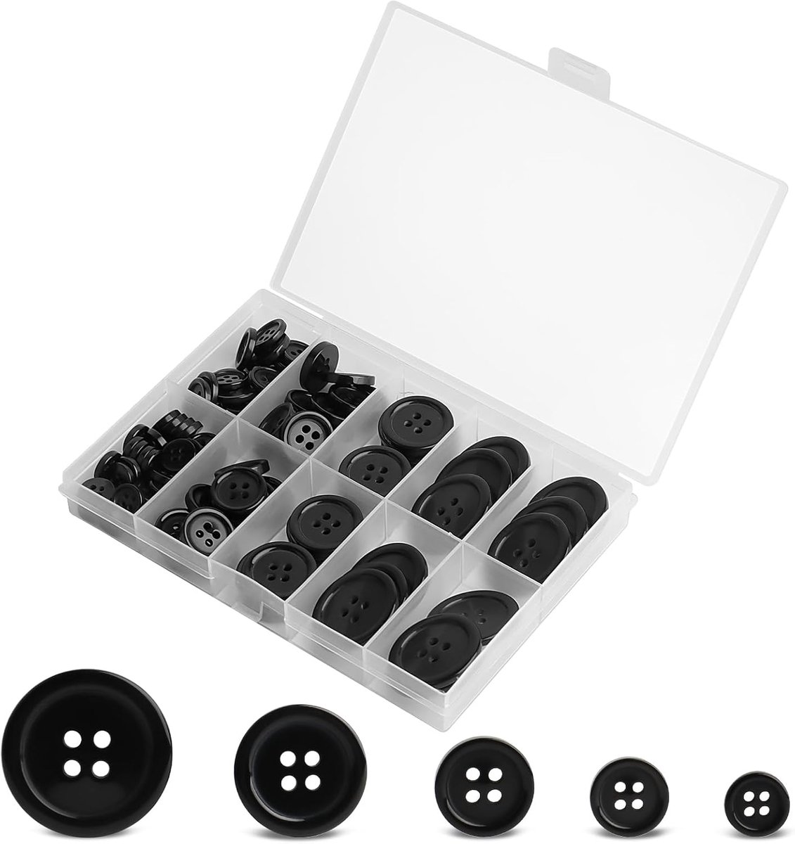 100 zwarte naaiknoppen, set van zwarte harsknopen, 5 maten, ronde knopen met 4 gaten, voor naaien en knutselen