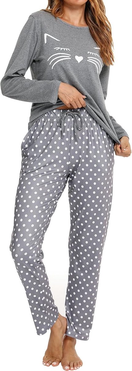 Pyjama dames lange katoenen pyjama ronde hals kat pyjama winter pyjama set tweedelig huispak met zakken en elastische tailleband loungewear