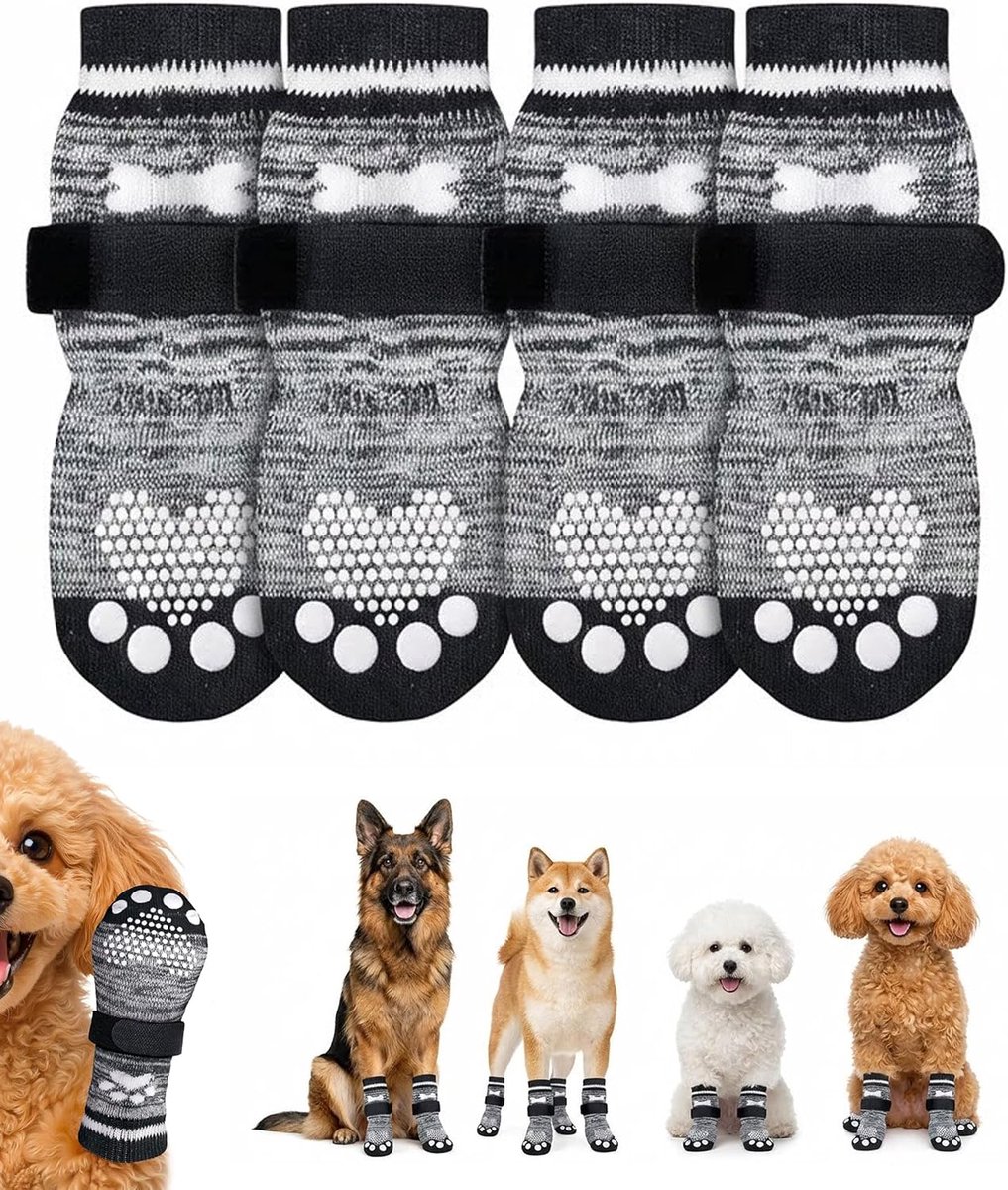 Hondensokken met tractiezool en verstelbare riemen, voor binnen en buiten, 4 stuks, maat kleine en middelgrote honden, maat (L)