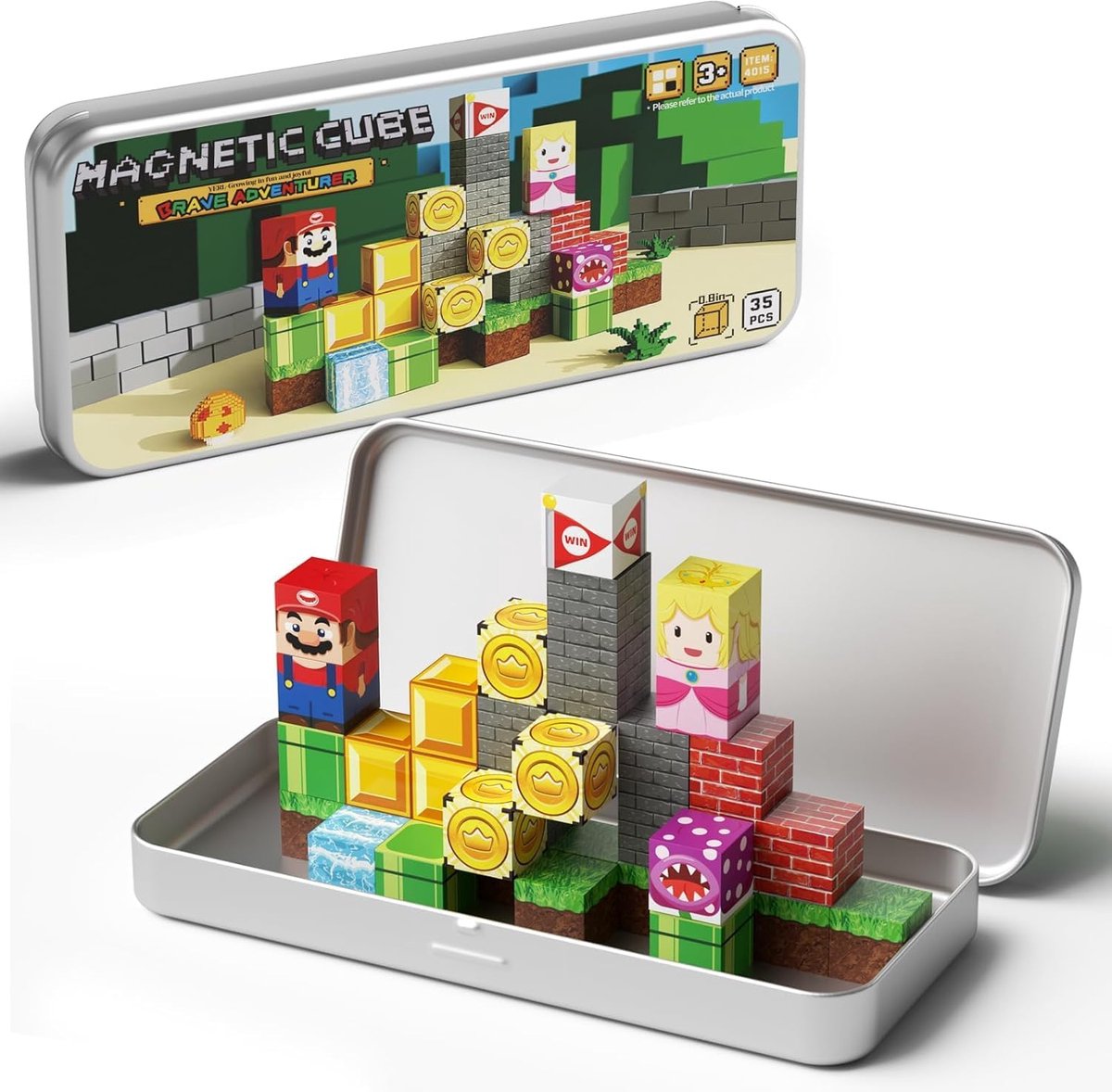 Magnetische bouwstenen, reisspeelgoed voor kinderen, draagbare ijzeren box, magnetische speelstenen, 35 stuks, magnetisch constructiespeelgoed, reisspeelgoed, cadeau voor kinderen
