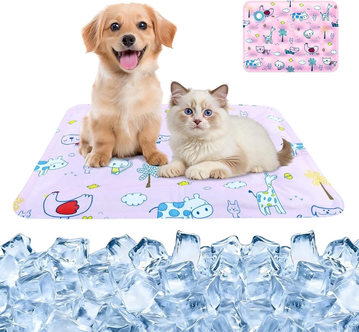 Koelmat voor honden en katten, met water gevuld, waterdicht en herbruikbaar, zomerkoeldeken voor kleine huisdieren, geschikt voor thuis, hondenbed (roze cartoonpatroon, M, 40 x 50 cm)