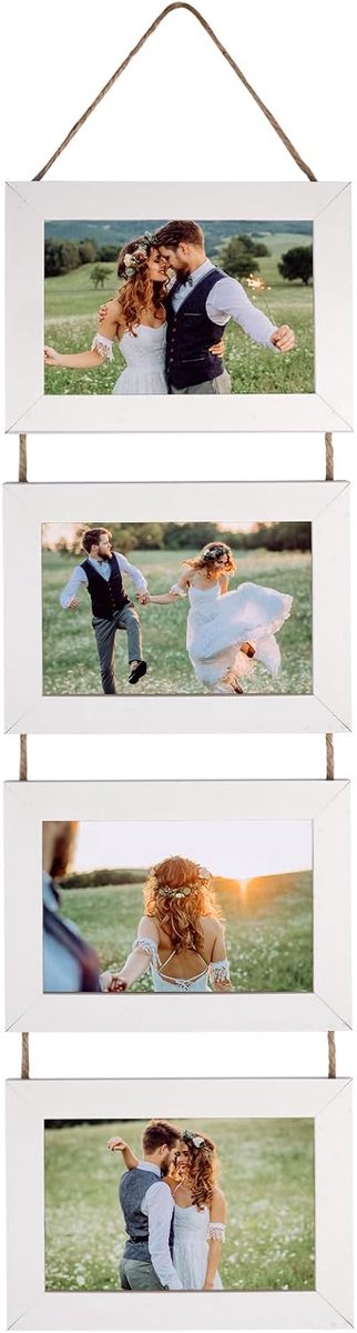 Collage voor meerdere foto's, decoratieve fotolijst om op te hangen met koord, staand formaat voor foto's van 10 x 15 cm, 4 lijsten