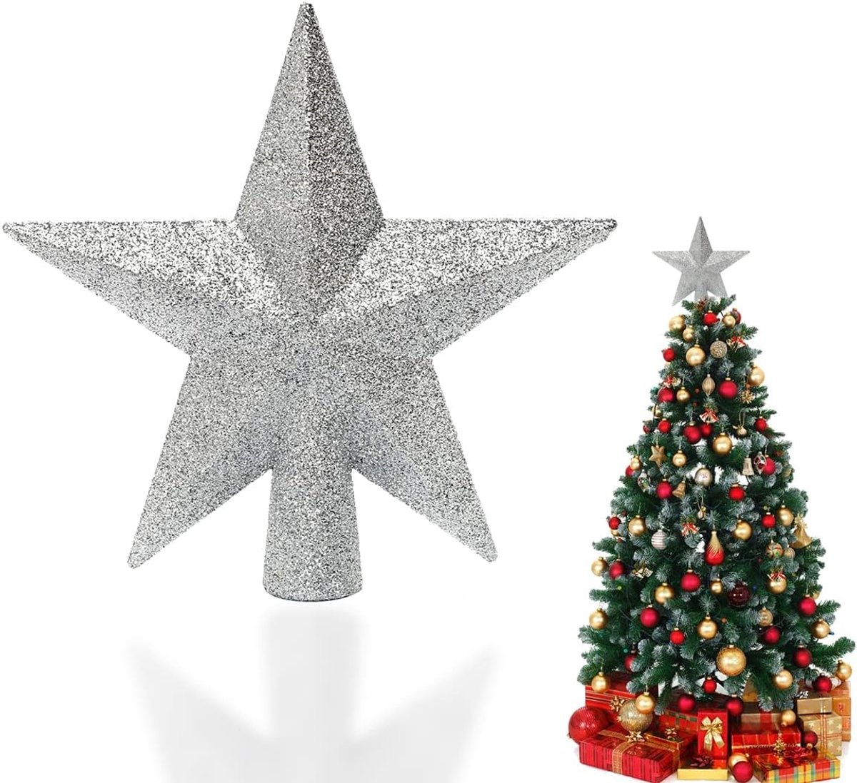 Ster, glitter boompiek, kerstboompiek, ster, boomversiering, glitterende kerstboomversiering, versiering voor Kerstmis, feest, thuis, zilver
