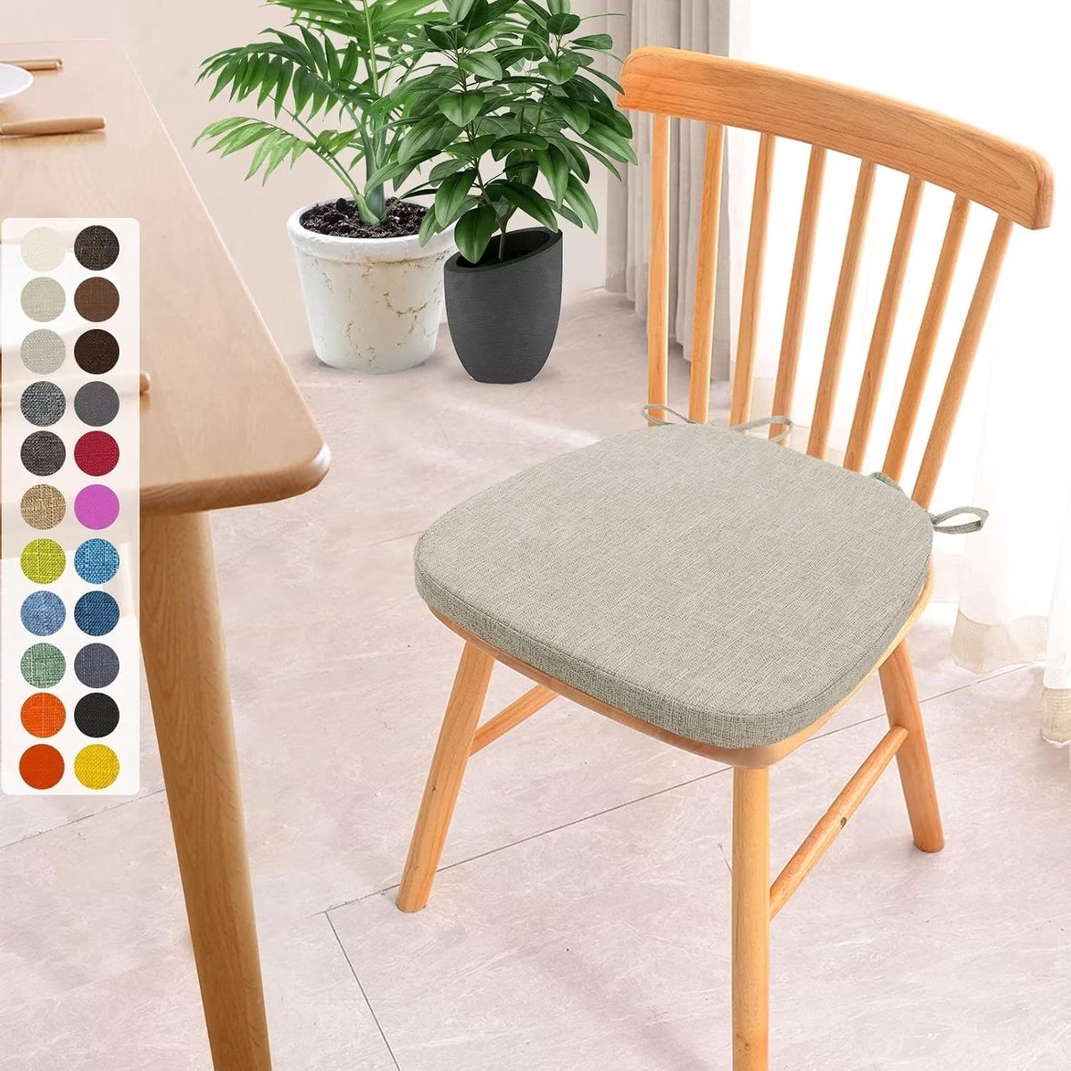 Set van 1 stoelkussen, 40 x 38 x 3 cm, met banden, wasbaar zitkussen, antislip, afneembare overtrek met ritssluiting, ideaal voor thuis, kantoor, keuken, eetkamer, beige-grijs
