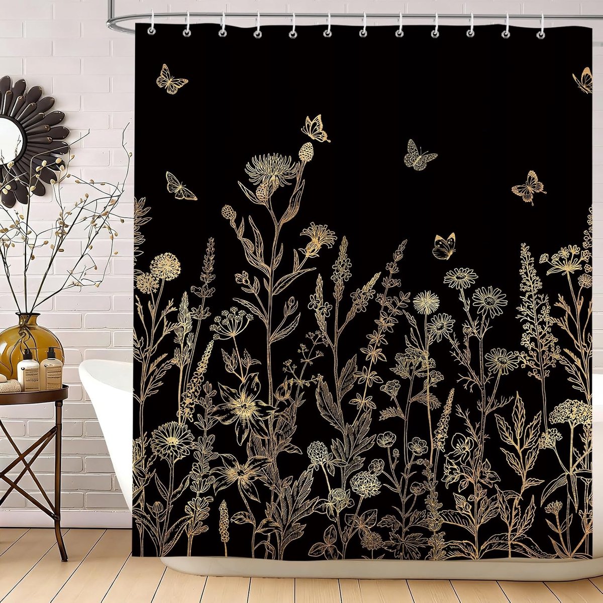 Douchegordijn, 180 x 180 cm, zwart-goud, bloemen, vintage, bloemen, vlinders, rustiek polyester, waterdicht, badgordijn met 12 haken, machinewasbaar, voor thuis, hotel