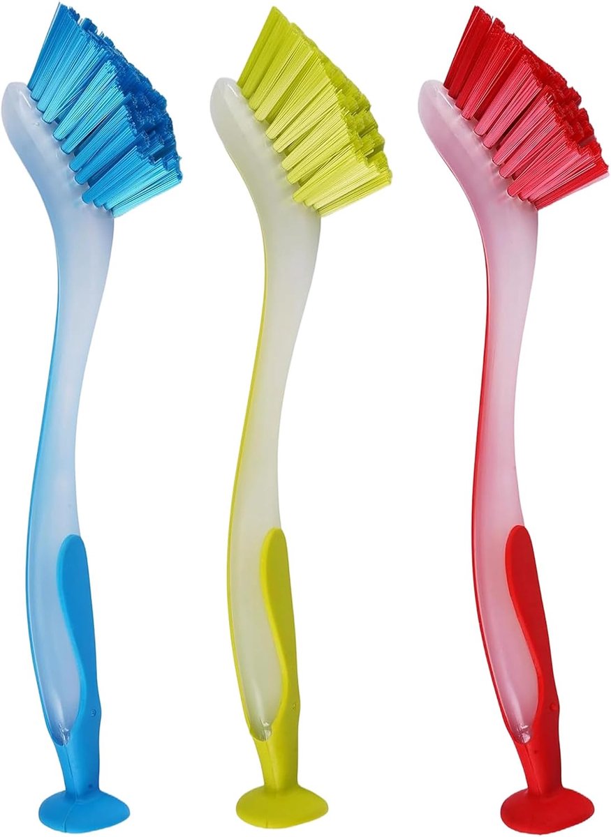 Keukengereiborstel met zuignapbasis, 3-delig, 26 x 3,5 cm, multifunctionele reinigingsborstel, voor potten voor borden, potten, tegelwandbekleding