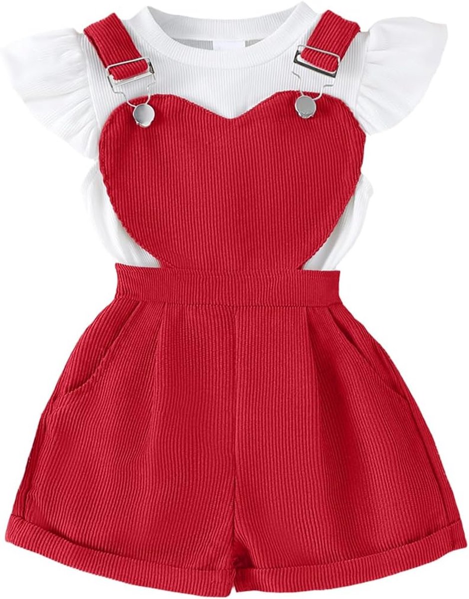 Zomeroutfits voor babymeisjes, met ruches, korte mouwen, geribbelde top, bloemen/hartpatroon, overalls, shorts met zak, schattige 2-delige kledingset