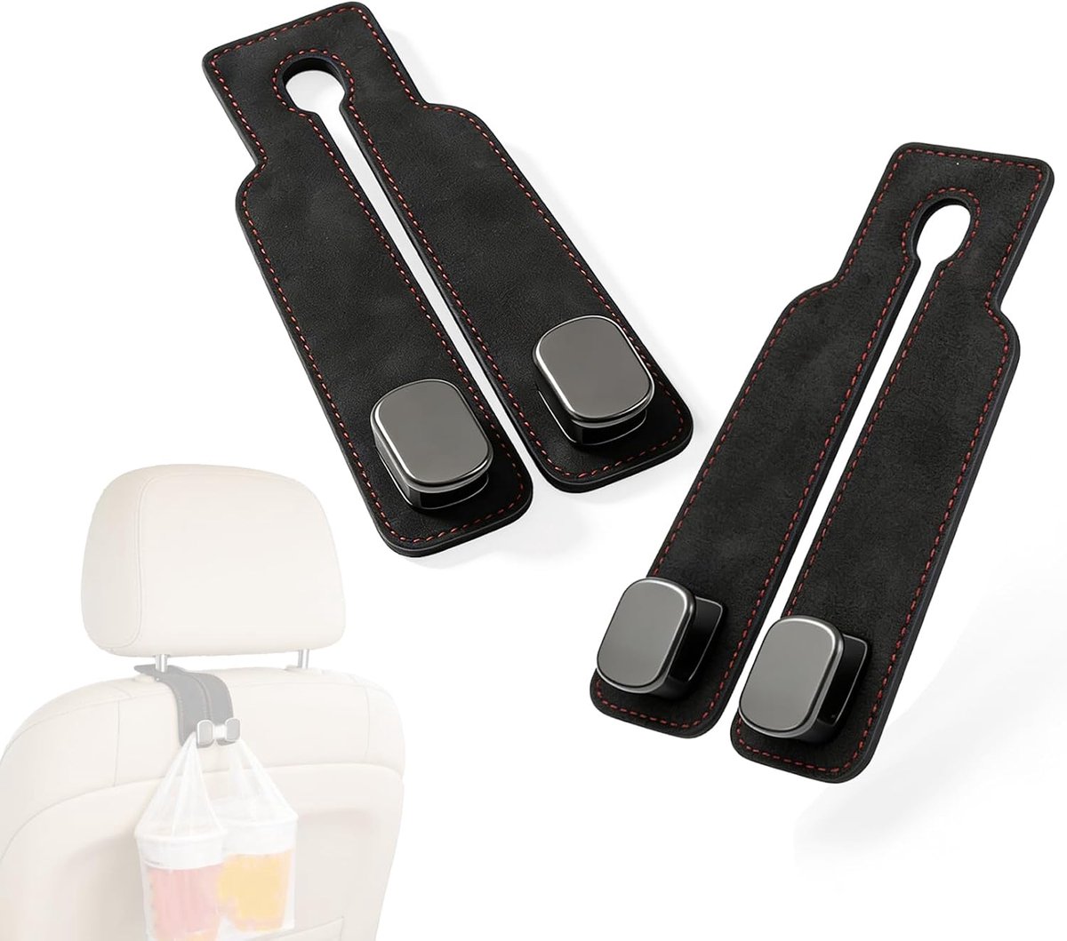 Set van 2 dubbele haken voor autostoelen, rugleuning geschikt voor telefoonhouder (zwart)