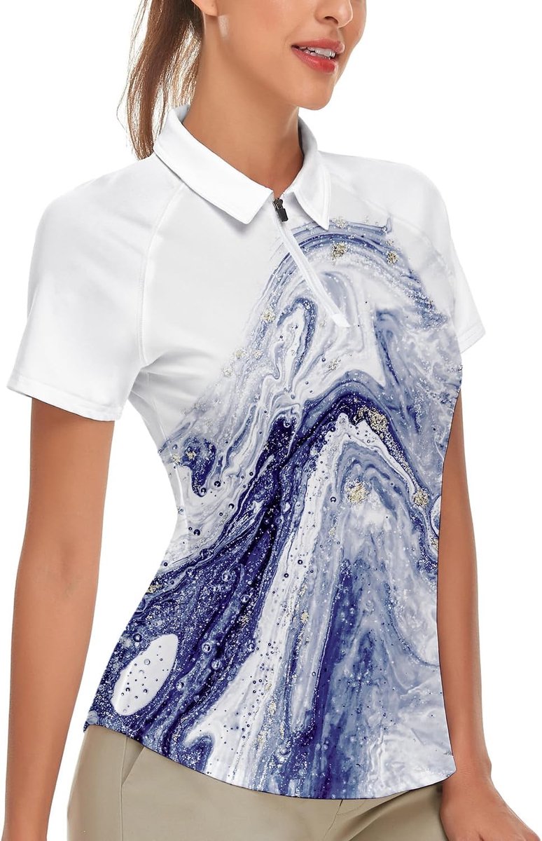 Ademend poloshirt dames licht sportshirt getailleerd geruite blouse UPF 50+ korte mouwen 1/4 ritssluiting sneldrogend voor golf tennis
