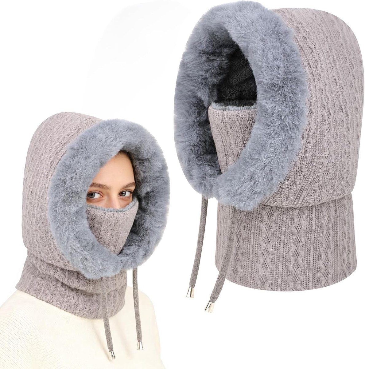 Bivakmuts voor dames, warme gebreide thermische muts, wintermutsen voor vrouwen met fleece voering, verstelbare multifunctionele wintermuts, fleece snood capuchon met nekwarmer voor