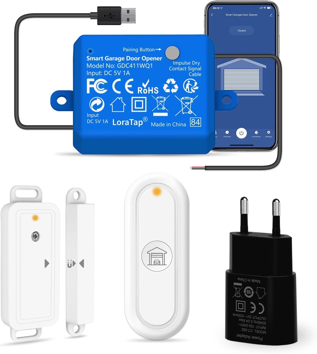 Slimme garagedeuropener met wifi en RF-afstandsbediening, draadloze deursensor, bediening via app en spraak, compatibel met Alexa en Google Assistent