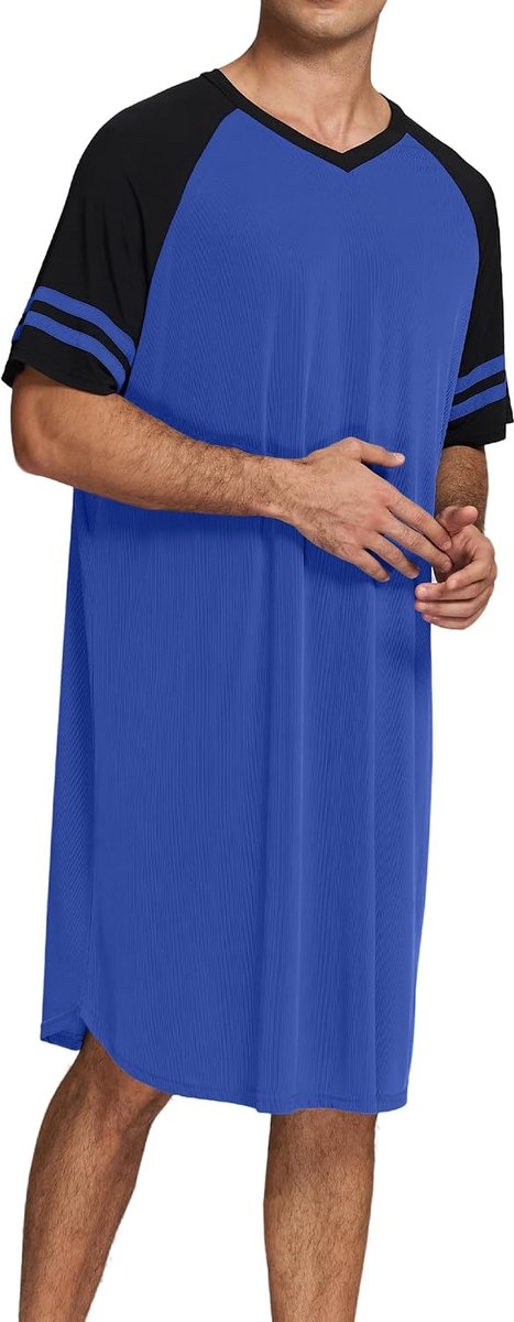 Nachthemd voor heren, zomerpyjama, lang nachthemd, korte mouwen, voor de zomer