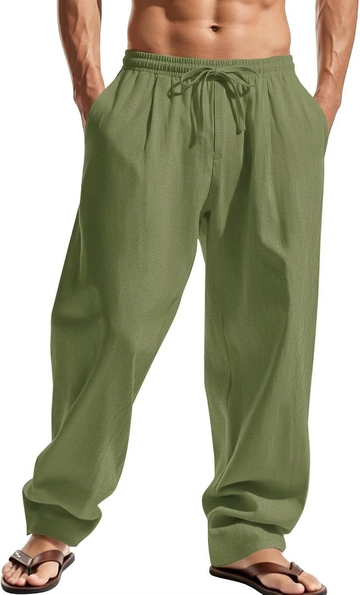 Lange lichte katoenen broek voor heren, casual zomerbroek met elastische tailleband en trekkoord, voor strand, vakantie en dagelijks gebruik