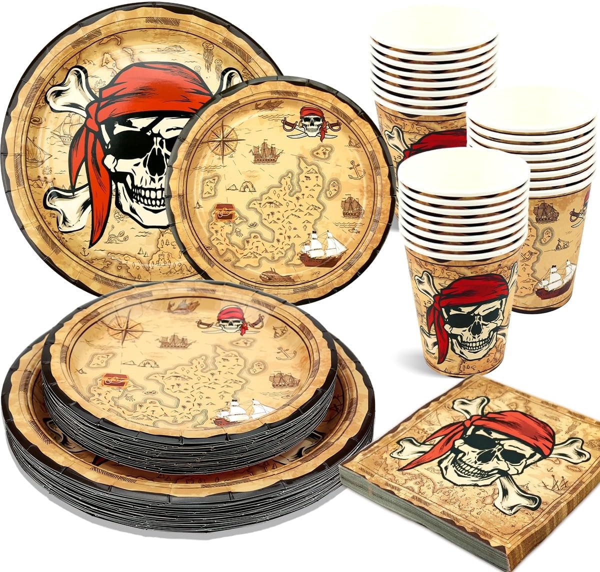 100 Stuks Piratenfeestdecoraties Piratenservies Set Inclusief Borden Servetten Bekers voor Kinderen Jongens Verjaardagsschat Piratenfeestdecoraties Geschikt voor 25 Gasten