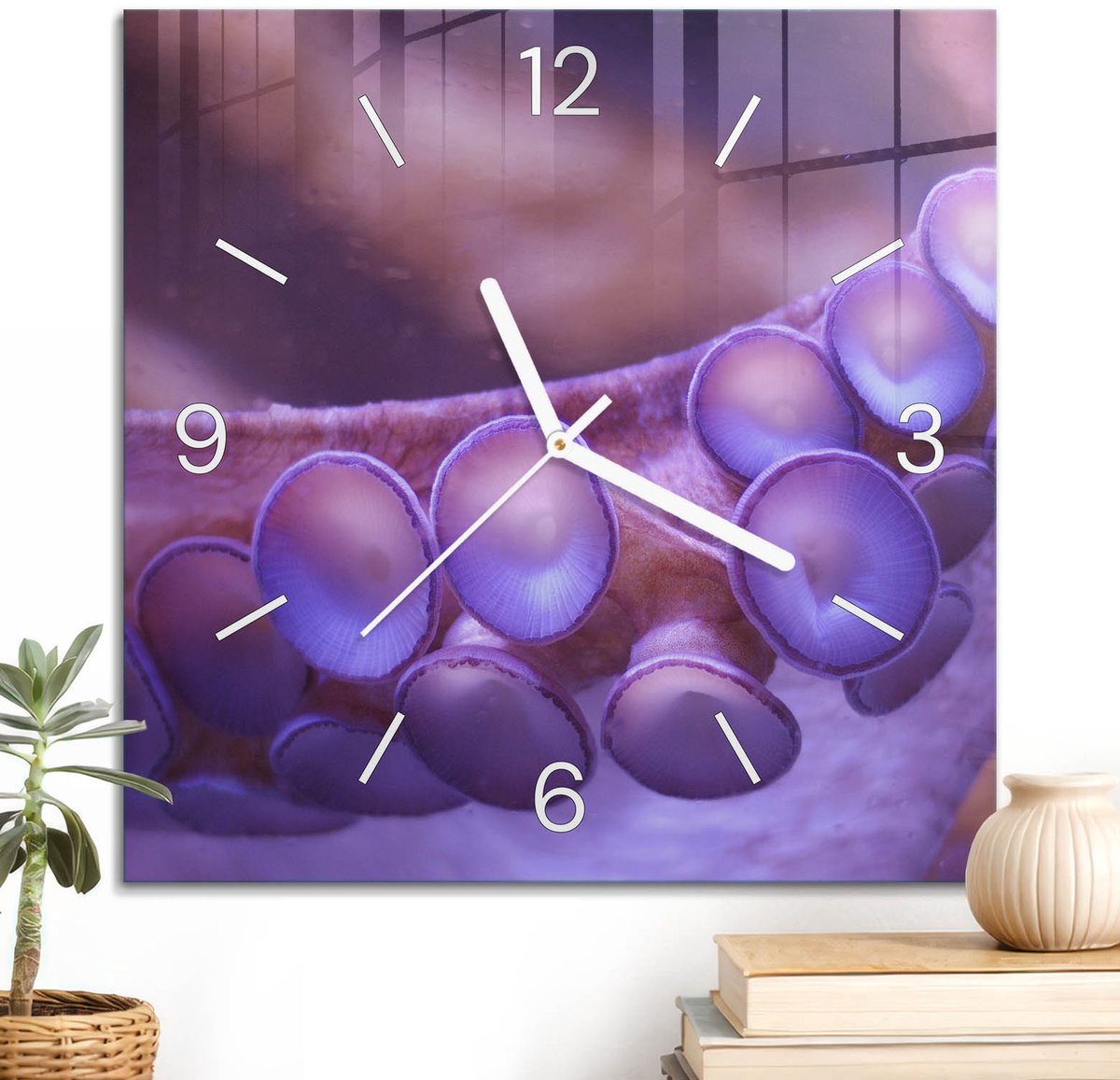 ArtPrintCave Paars Glazen Klok - 30x30 cm - Wandklok Vierkant - Zeetextuur Stille Wandklok - Abstractie Wandklok Keuken - Witte Klokwijzers