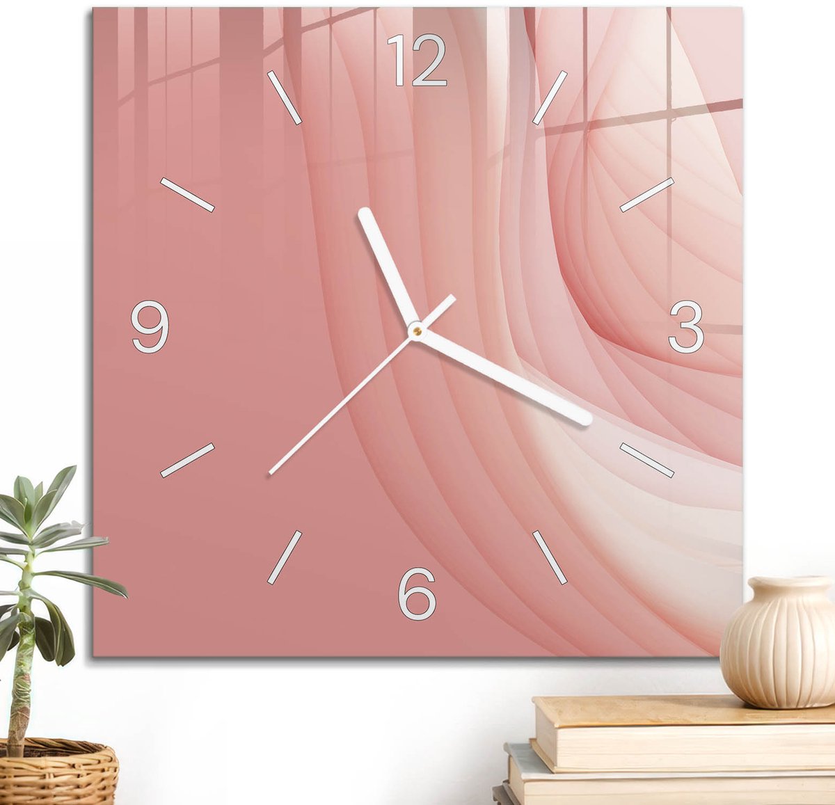 ArtPrintCave Roze Glazen Klok - 30x30 cm - Wandklok Vierkant - Roze Golven Stille Wandklok - Kunst Wandklok Keuken - Witte Klokwijzers
