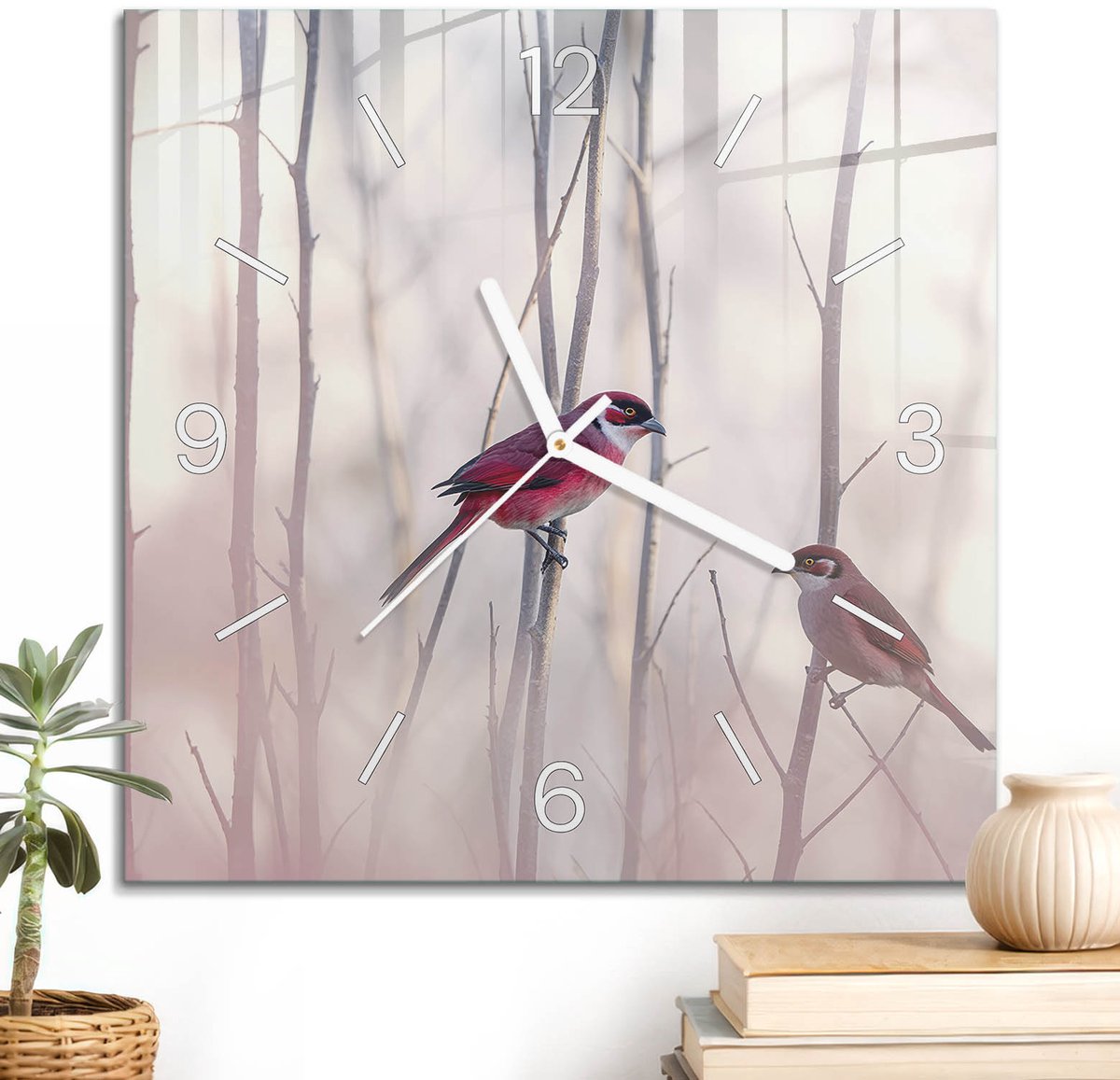 ArtPrintCave Roze Glazen Klok - 30x30 cm - Wandklok Vierkant - Pastelkleurige Vogels Wandklok Keuken - Dieren Unieke Klok - Witte Klokwijzers