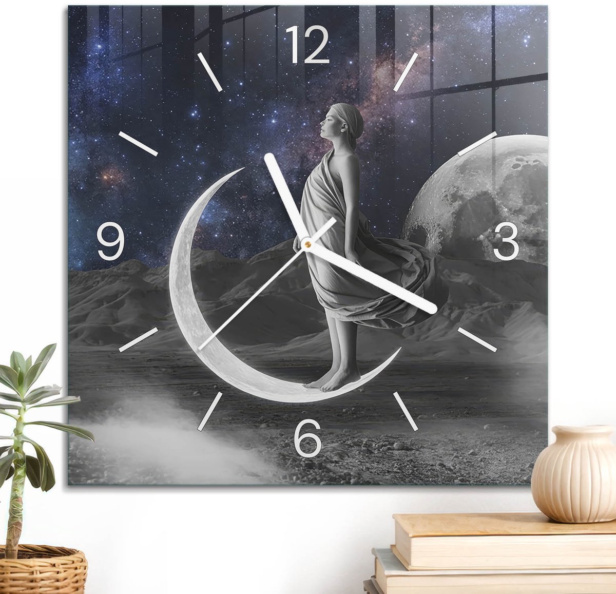 ArtPrintCave Zwart Glazen Klok - 30x30 cm - Wandklok Vierkant - Kosmische Droom Unieke Klok - Kunst Stille Wandklok - Witte Klokwijzers
