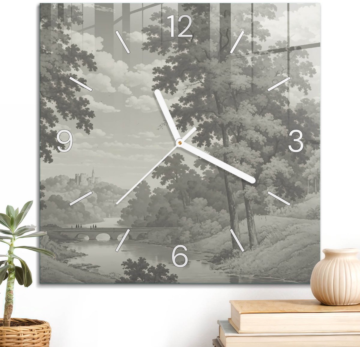 ArtPrintCave Grijs Glazen Klok - 30x30 cm - Wandklok Vierkant - Vredige Natuur Unieke Klok - Landschappen Stille Wandklok - Witte Klokwijzers