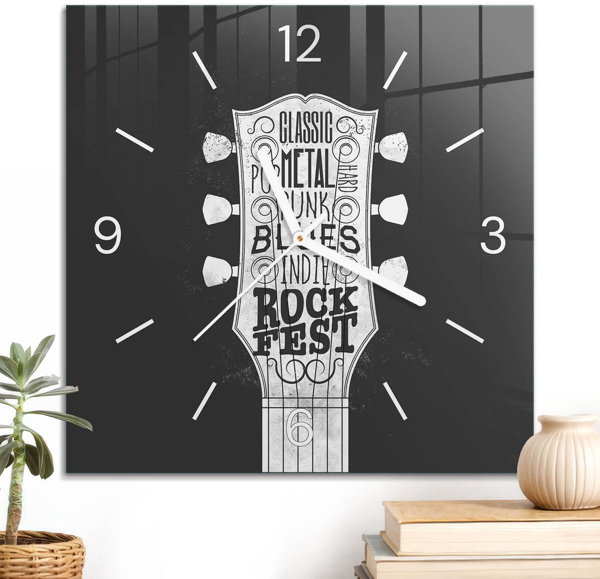 ArtPrintCave Zwart Glazen Klok - 30x30 cm - Wandklok Vierkant - Muziekgitaar Unieke Klok - Texturen Stille Wandklok - Witte Klokwijzers