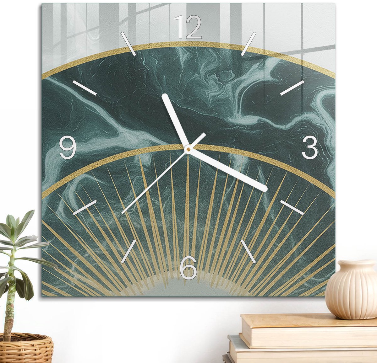 ArtPrintCave Turkoois Glazen Klok - 30x30 cm - Wandklok Vierkant - Gele Cirkels Wandklok Keuken - Abstractie Unieke Klok - Witte Klokwijzers