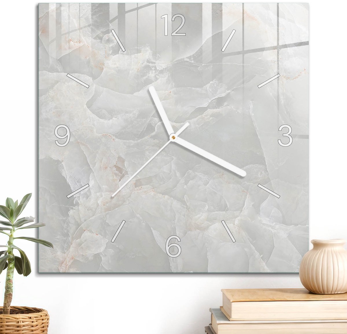 ArtPrintCave Grijs Glazen Klok - 30x30 cm - Wandklok Vierkant - Marmeren Elegantie Stille Wandklok - Achtergronden En Patronen Wandklok Keuken - Witte Klokwijzers