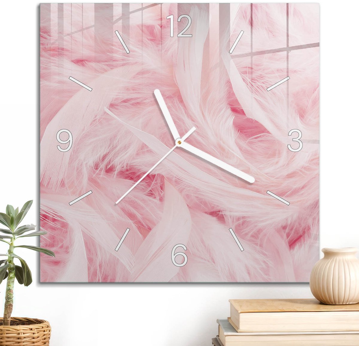ArtPrintCave Roze Glazen Klok - 30x30 cm - Wandklok Vierkant - Zachte Veren Unieke Klok - Achtergronden En Patronen Stille Wandklok - Witte Klokwijzers
