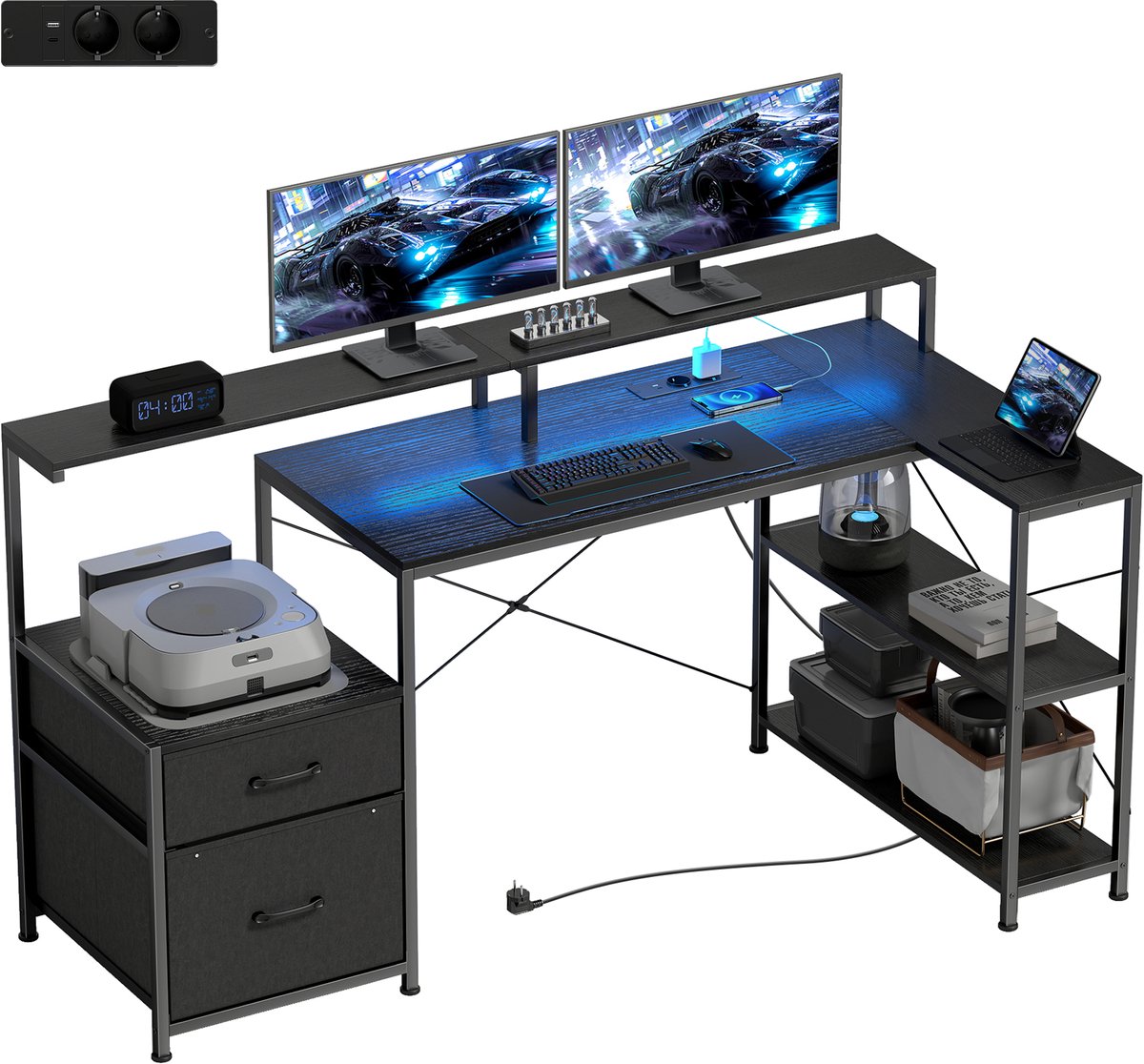 Zwart gaming bureau 165 cm - Bureau met 2 monitorstandaarden - Met lades en LED - 165x80x91.5 cm - Zwart