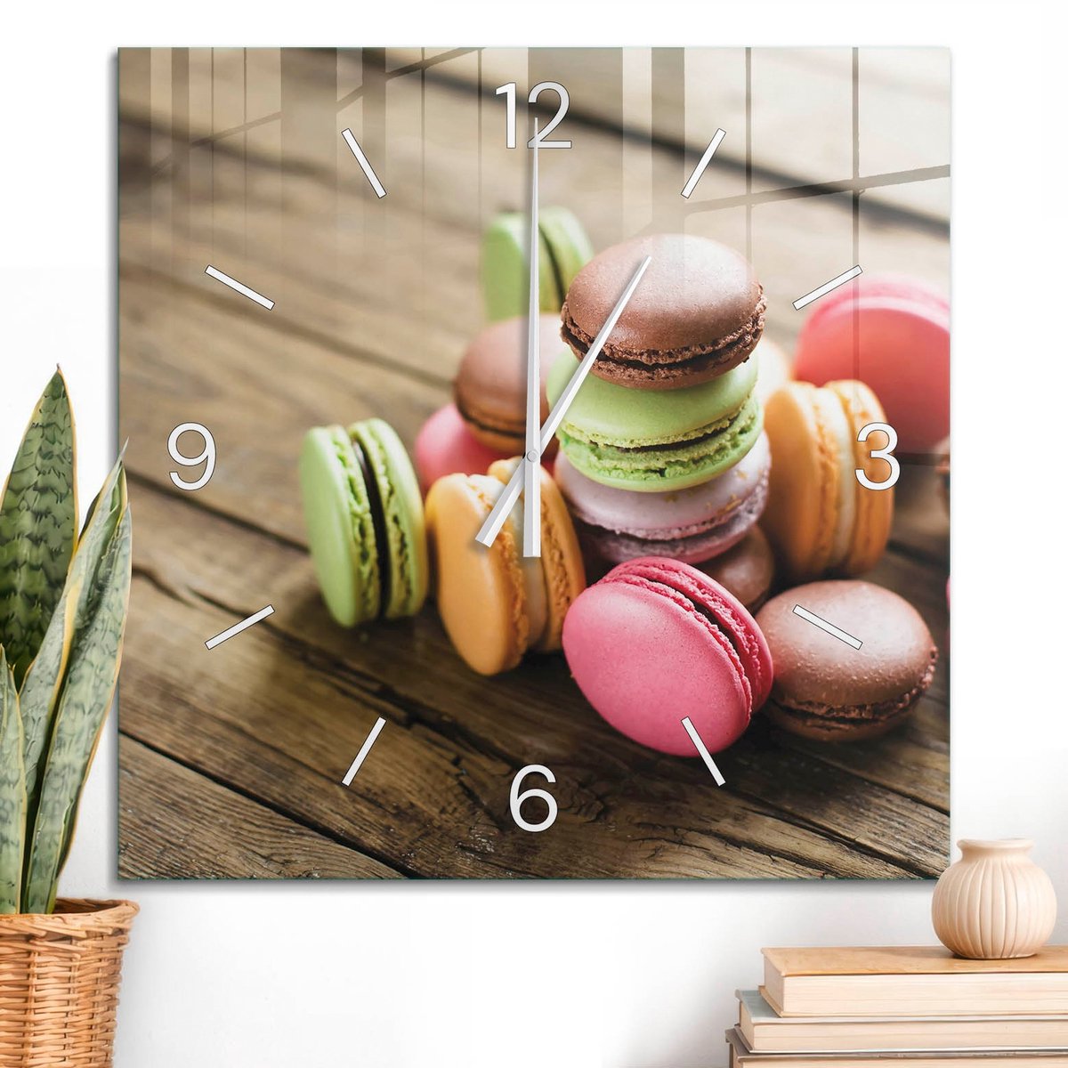 ArtPrintCave Bruin Glazen Klok - 60x60 cm - Wandklok Vierkant - Kleurrijke Macarons Unieke Klok - Texturen Stille Wandklok - Witte Klokwijzers