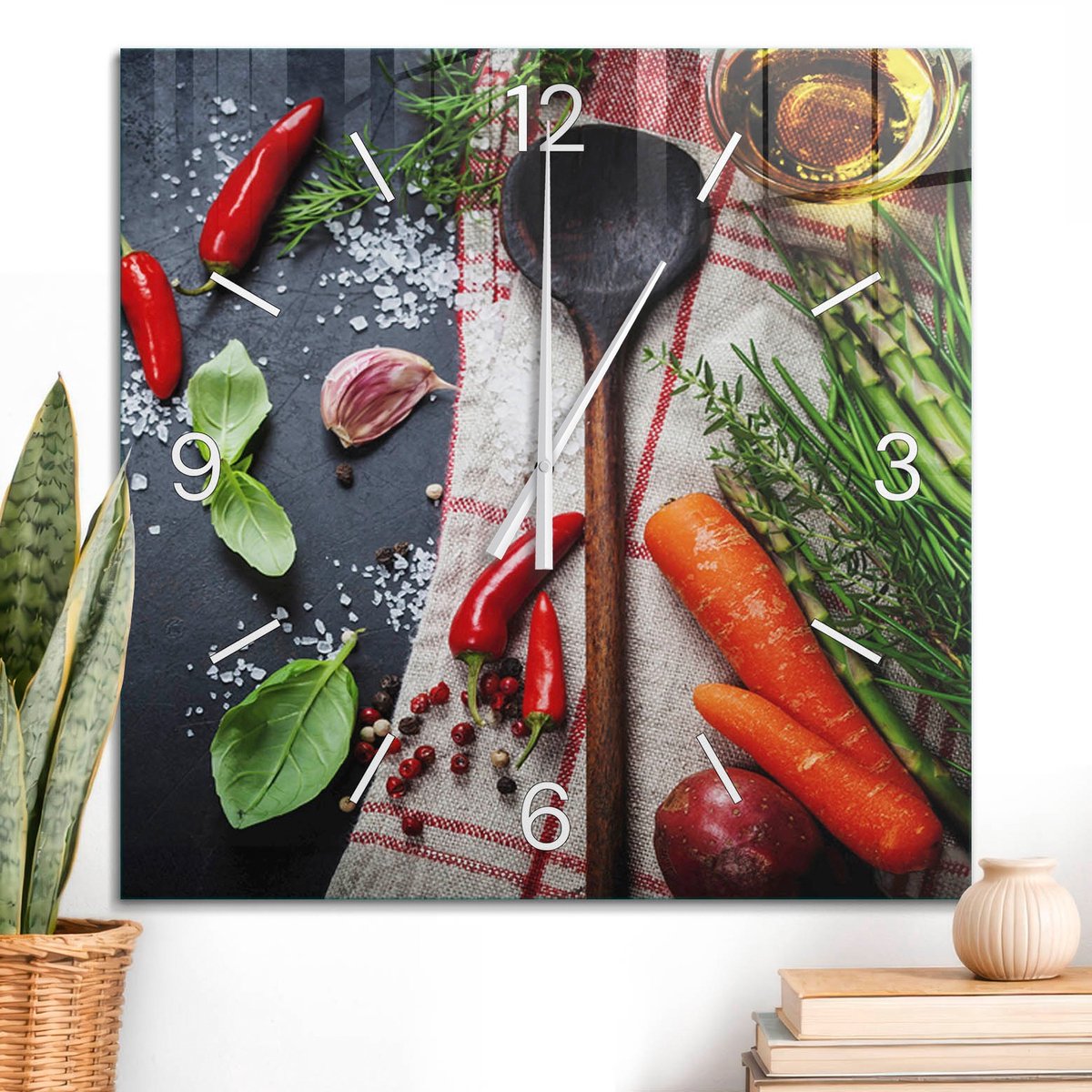 ArtPrintCave Zwart Glazen Klok - 60x60 cm - Wandklok Vierkant - Keukensamenstelling Wandklok Keuken - Natuur Unieke Klok - Witte Klokwijzers