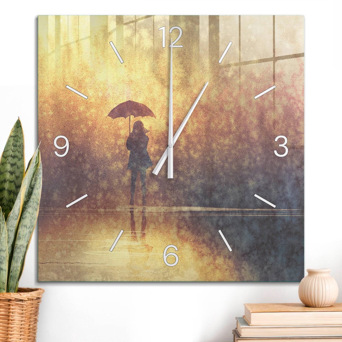 ArtPrintCave Geel Glazen Klok - 60x60 cm - Wandklok Vierkant - Herfstnostalgie Stille Wandklok - Kunst Wandklok Keuken - Witte Klokwijzers