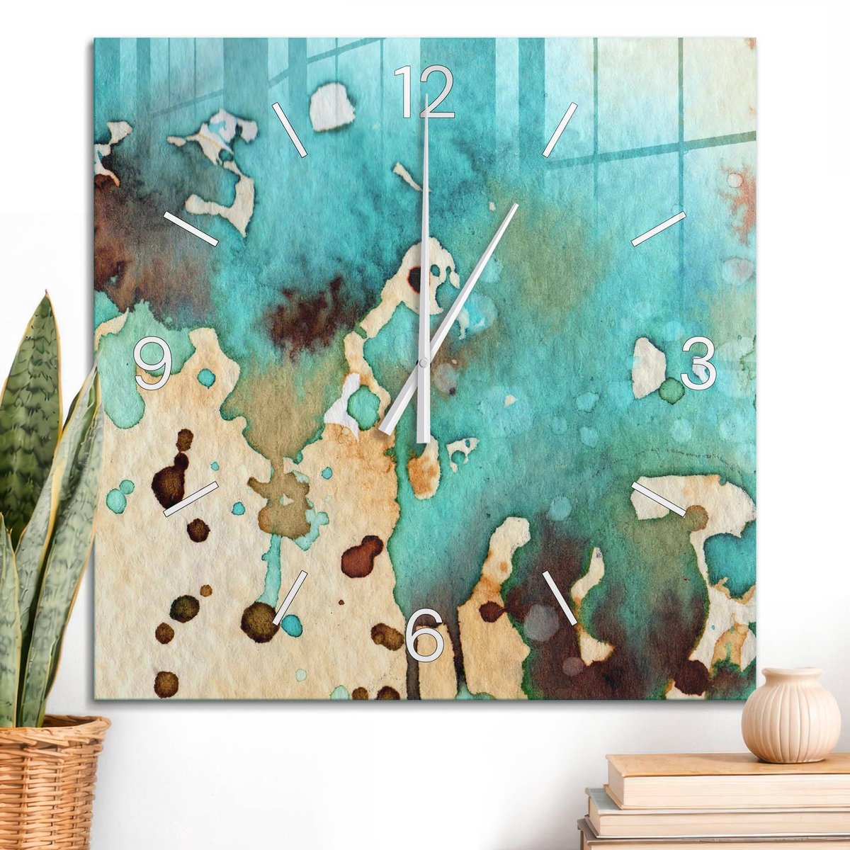 ArtPrintCave Turkoois Glazen Klok - 60x60 cm - Wandklok Vierkant - Watervlekken Stille Wandklok - Natuur Wandklok Keuken - Witte Klokwijzers