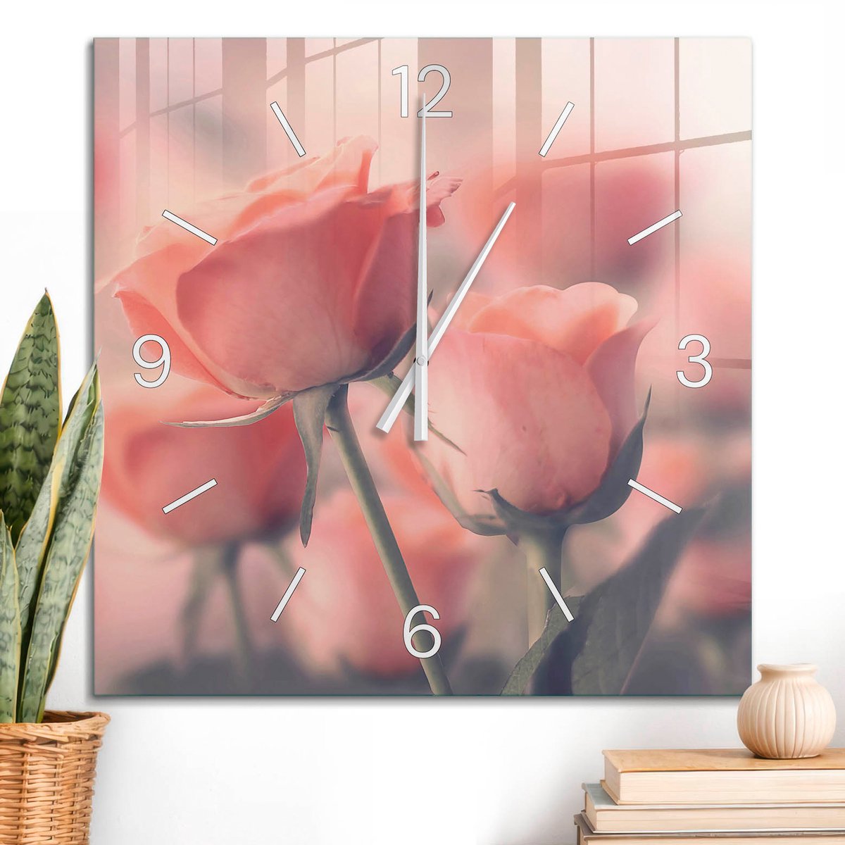ArtPrintCave Roze Glazen Klok - 60x60 cm - Wandklok Vierkant - Roze Rozen Unieke Klok - Kunst Stille Wandklok - Witte Klokwijzers
