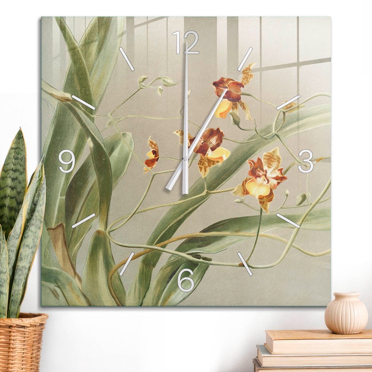 ArtPrintCave Groene Glazen Klok - 60x60 cm - Wandklok Vierkant - Botanische Orchideeën Wandklok Keuken - Natuur Unieke Klok - Witte Klokwijzers