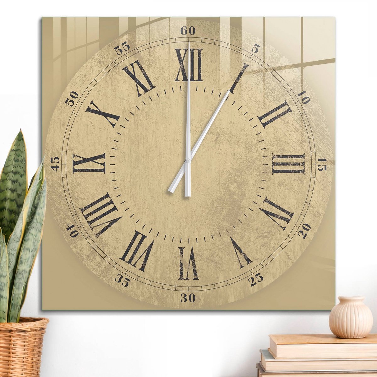 ArtPrintCave Beige Glazen Klok - 60x60 cm - Wandklok Vierkant - Vintage Klok Wandklok Keuken - Abstractie Unieke Klok - Witte Klokwijzers