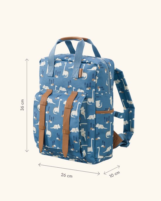 Blauwe kinderrugzak met dinosaurussenprint, bruine leren banden en afmetingen 36x26x10 cm.