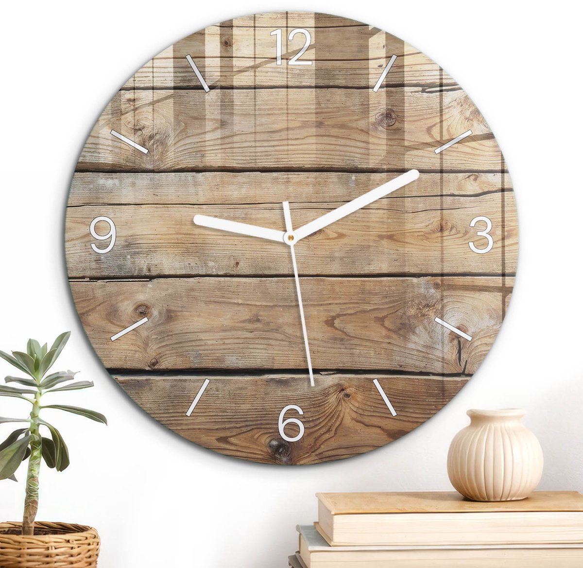 ArtPrintCave Bruin Glazen Klok - Wandklok 30 cm - Muurklok Rond - Houten Planken Stille Wandklok - Natuur Wandklok Keuken - Witte Klokwijzers