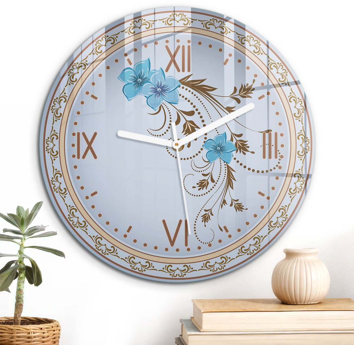 ArtPrintCave Blauw Glazen Klok - Wandklok 30 cm - Muurklok Rond - Elegante Klok Unieke Klok - Bloemen En Planten Stille Wandklok - Witte Klokwijzers