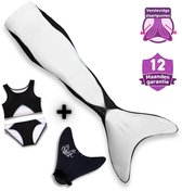 Wit met zwarte accenten, deze zeemeerminstaart voor meisjes is ontworpen voor zwemmen. Inclusief bikini en monovin.