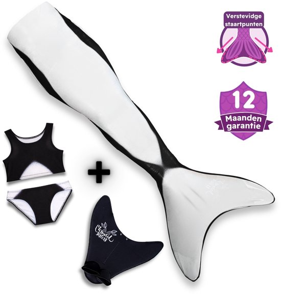 Wit met zwarte accenten, deze zeemeerminstaart voor meisjes is ontworpen voor zwemmen. Inclusief bikini en monovin.