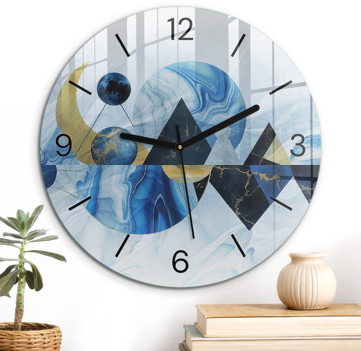 ArtPrintCave Blauw Glazen Klok - Wandklok 30 cm - Muurklok Rond - Harmonie Van Vormen Stille Wandklok - Geometrie Wandklok Keuken - Zwarte Klokwijzers