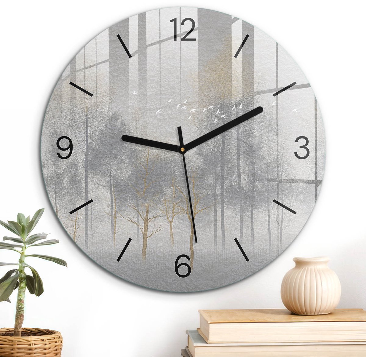 ArtPrintCave Grijs Glazen Klok - Wandklok 30 cm - Muurklok Rond - Mystiek Bos Stille Wandklok - Landschappen Wandklok Keuken - Zwarte Klokwijzers