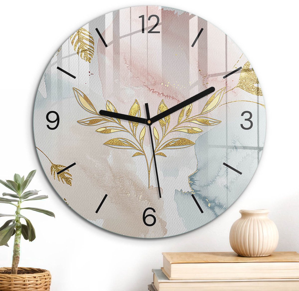 ArtPrintCave Roze Glazen Klok - Wandklok 30 cm - Muurklok Rond - Pastel Elegantie Unieke Klok - Natuur Stille Wandklok - Zwarte Klokwijzers