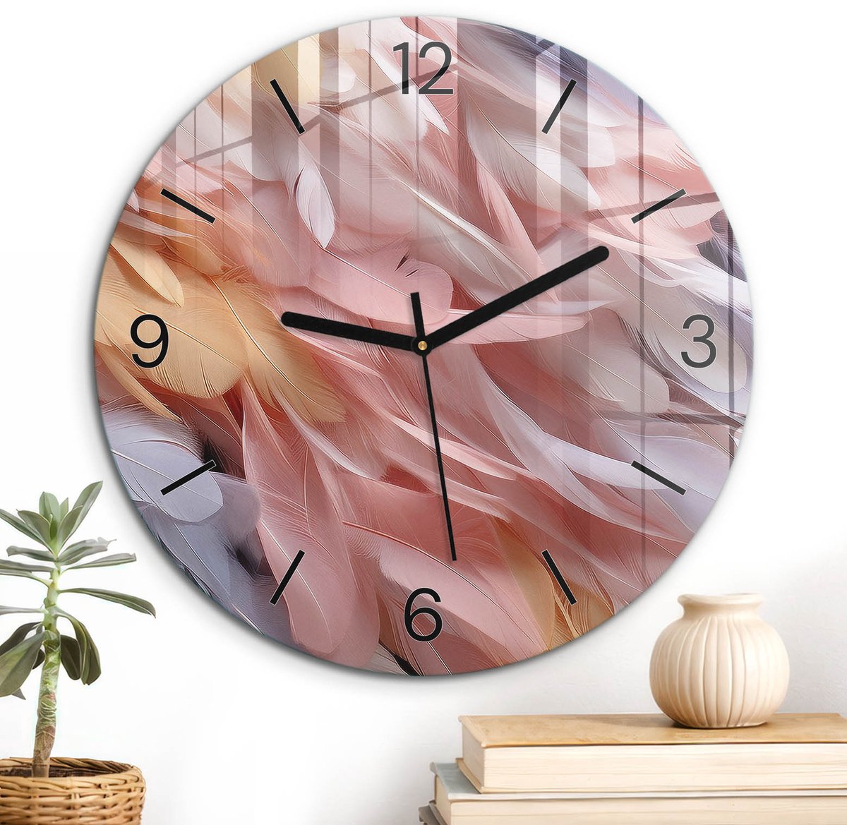 ArtPrintCave Roze Glazen Klok - Wandklok 30 cm - Muurklok Rond - Pastelkleurige Veren Wandklok Keuken - Achtergronden En Patronen Unieke Klok - Zwarte Klokwijzers