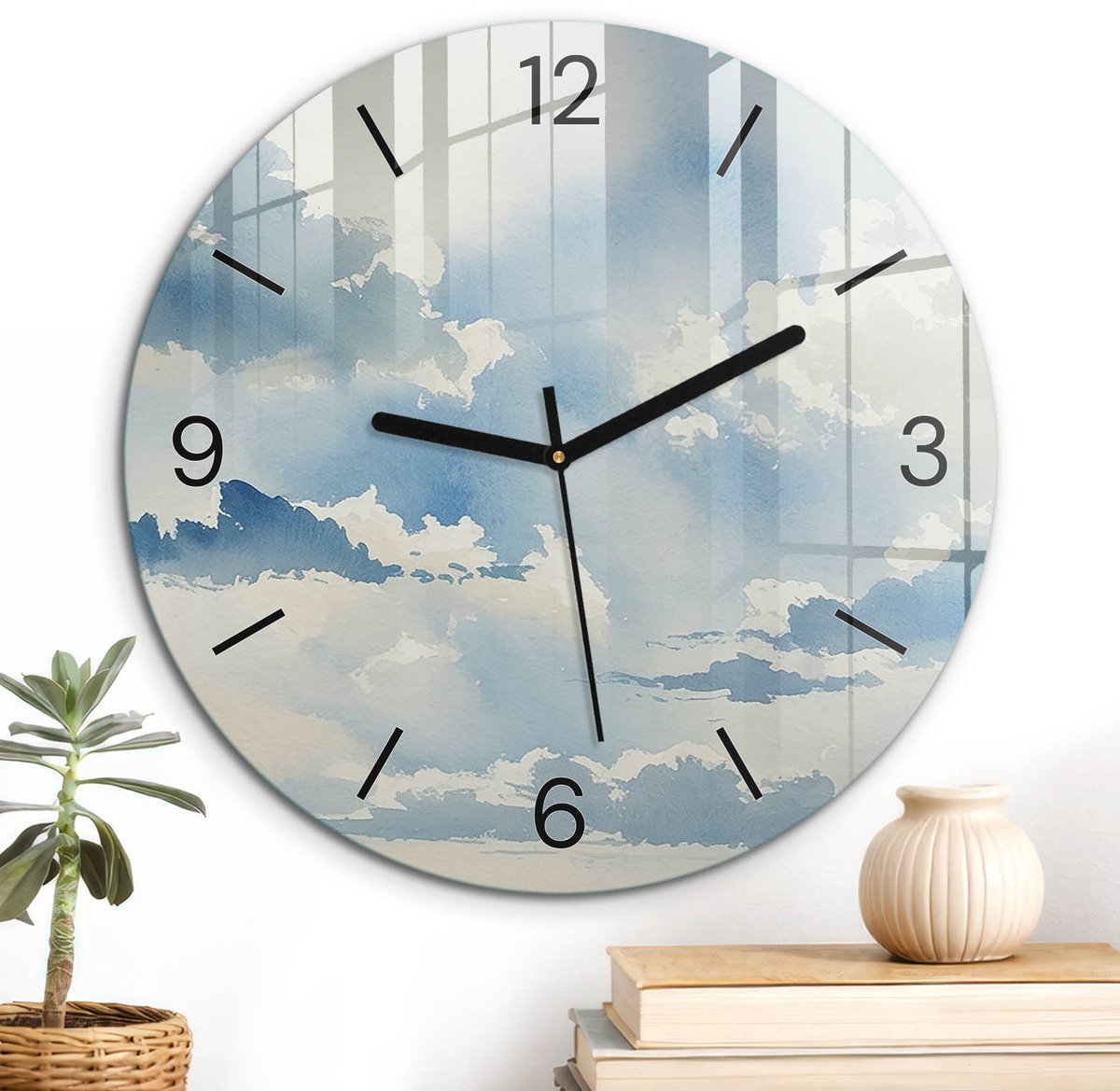 ArtPrintCave Blauw Glazen Klok - Wandklok 30 cm - Muurklok Rond - Aquarelwolken Stille Wandklok - Kunst Wandklok Keuken - Zwarte Klokwijzers