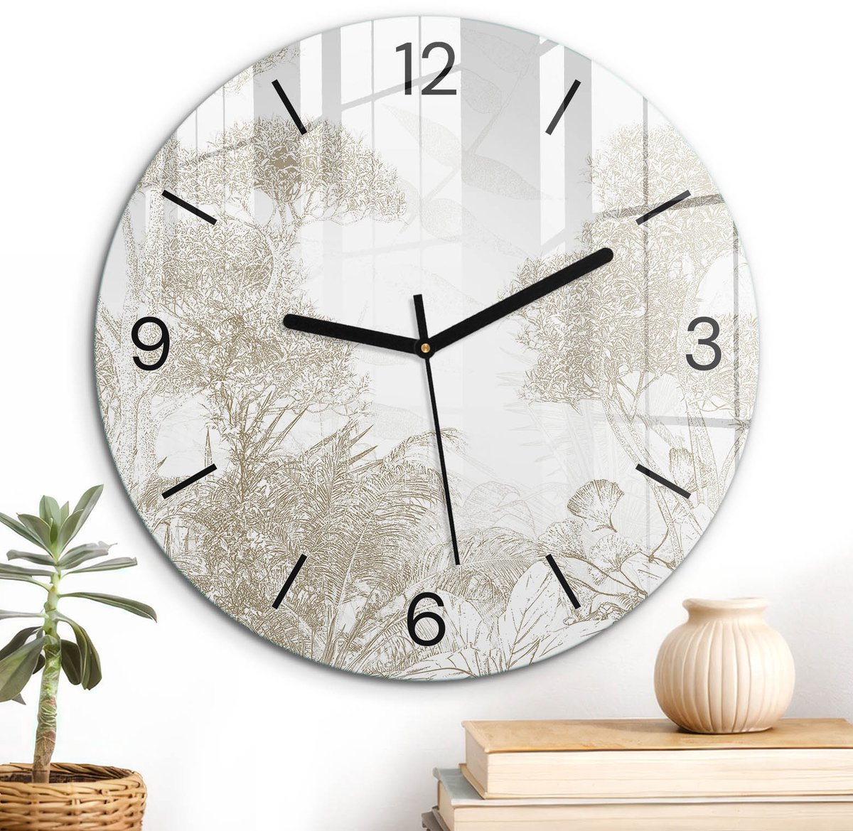 ArtPrintCave Beige Glazen Klok - Wandklok 30 cm - Muurklok Rond - Natuurlijke Elegantie Wandklok Keuken - Bloemen En Planten Unieke Klok - Zwarte Klokwijzers