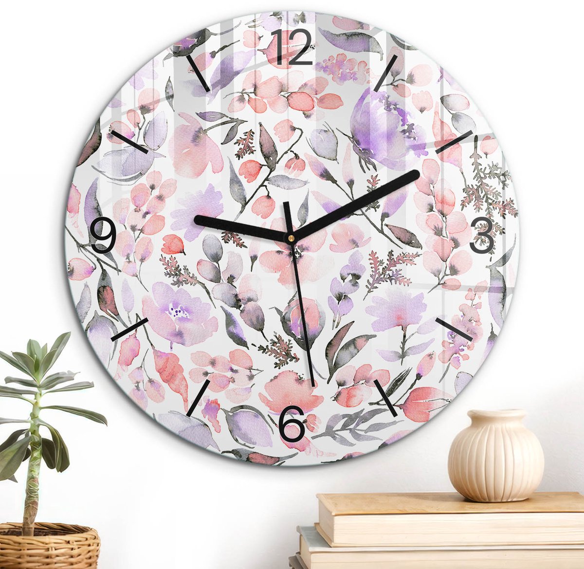 ArtPrintCave Paars Glazen Klok - Wandklok 30 cm - Muurklok Rond - Bloemenpatroon Unieke Klok - Achtergronden En Patronen Stille Wandklok - Zwarte Klokwijzers