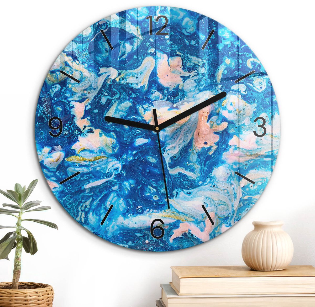 ArtPrintCave Blauw Glazen Klok - Wandklok 30 cm - Muurklok Rond - Blauwe Wervel Wandklok Keuken - Kunst Unieke Klok - Zwarte Klokwijzers