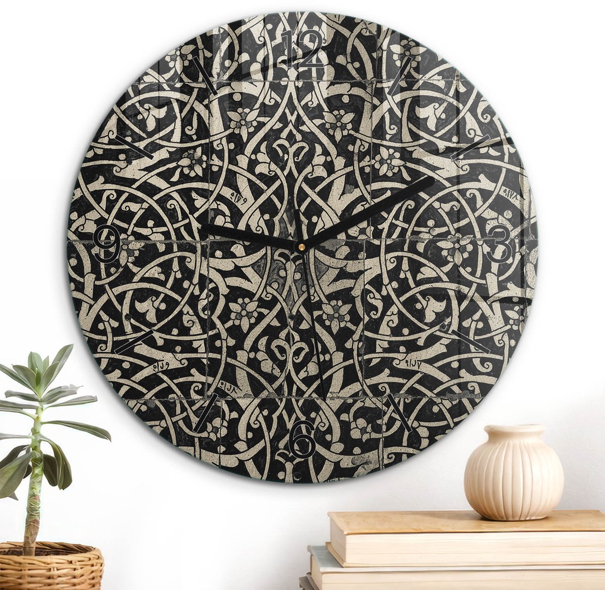 ArtPrintCave Zwart Glazen Klok - Wandklok 30 cm - Muurklok Rond - Etnische Ornamenten Stille Wandklok - Kunst Wandklok Keuken - Zwarte Klokwijzers